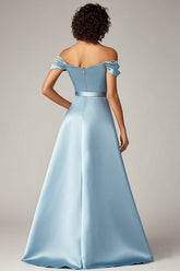 Himmelblaues Schulterfreies Satin Ballkleid in A-Linie